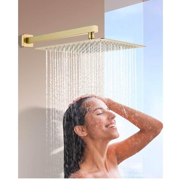 🚨SOLD Stainless Steel Brushed Gold Rainfall Shower Head 12" Large Square 16” Arm - Picture 1 of 2